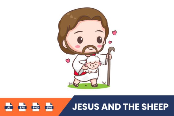 Cute Cartoon Jesus Christ and the Sheep